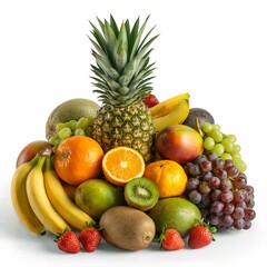 A vibrant tropical fruit arrangement featuring a whole pineapple at the center surrounded by bananas, oranges, mango, grapes, strawberries, kiwi, and exotic fruits like horned melon. All fruits are fr