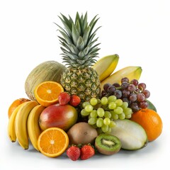 A vibrant tropical fruit arrangement featuring a whole pineapple at the center surrounded by bananas, oranges, mango, grapes, strawberries, kiwi, and exotic fruits like horned melon. All fruits are fr