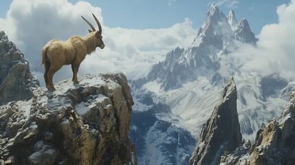 Ibex Standing on Rocky Cliff Overlooking Snowy Mountain Landscape