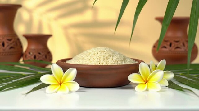 Puli kali featuring a bowl of rice, two white flowers, and terracotta pots. Perfect for food blogs, home decor, and gardening.