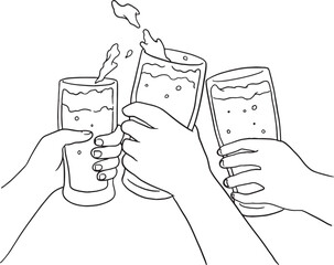 Cheers! Hand-drawn vector illustration of friends toasting with beer mugs and bottles. Perfect for celebrations, party invitations, bar menus, and festive designs.