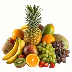 A vibrant tropical fruit arrangement featuring a whole pineapple at the center surrounded by bananas, oranges, mango, grapes, strawberries, kiwi, and exotic fruits like horned melon. All fruits are fr