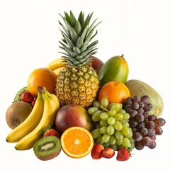 A vibrant tropical fruit arrangement featuring a whole pineapple at the center surrounded by bananas, oranges, mango, grapes, strawberries, kiwi, and exotic fruits like horned melon. All fruits are fr