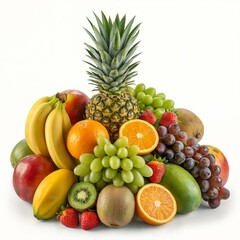 A vibrant tropical fruit arrangement featuring a whole pineapple at the center surrounded by bananas, oranges, mango, grapes, strawberries, kiwi, and exotic fruits like horned melon. All fruits are fr