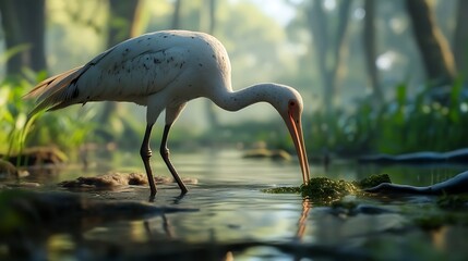 Ibis Foraging in Shallow Water Habitat at Forest Edge