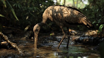 Limkin Bird Feeding in Murky Water Within Lush Tropical Forest