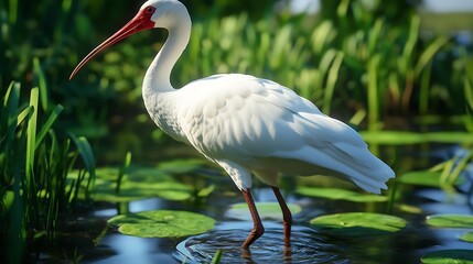 White Ibis Bird Wading in Water with Lily Pads and Grass