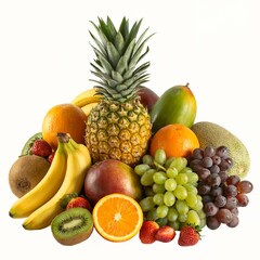 A vibrant tropical fruit arrangement featuring a whole pineapple at the center surrounded by bananas, oranges, mango, grapes, strawberries, kiwi, and exotic fruits like horned melon. All fruits are fr