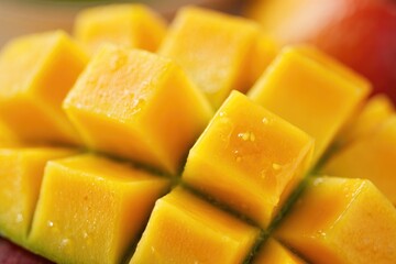 Delectable close up of a ripe mango, cut into perfect, juicy cubes.