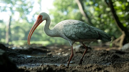 White Ibis Standing in Muddy Water in Forest Wildlife Scene