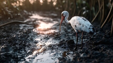 Ibis Bird Wading Through Muddy Water During Golden Hour Sunlight