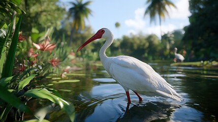 White Ibis Wading in a Tranquil Pond Amidst Lush Tropical Foliage