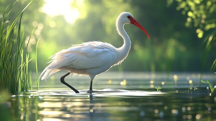 White Ibis Strolling in Calm Water Reflecting Sunlight in Lush Nature