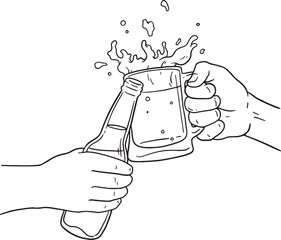 Cheers! Hand-drawn vector illustration of friends toasting with beer mugs and bottles. Perfect for celebrations, party invitations, bar menus, and festive designs.