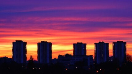 A breathtaking sunset behind the silhouettes of skyscrapers, warm hues blending into the night sky.