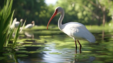 White Ibis Standing in Pond Water with Lush Green Background
