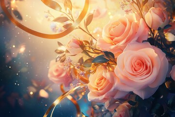 Elegant peach roses with gold ribbon