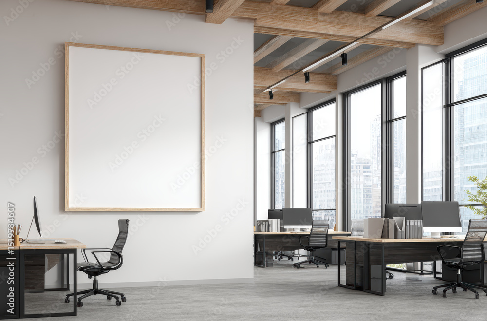 Poster modern office interior with large windows and empty frame on wall. bright and spacious workspace