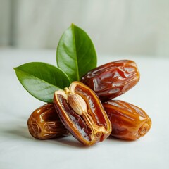  Brown Dates With green leaves, high quality image, white background