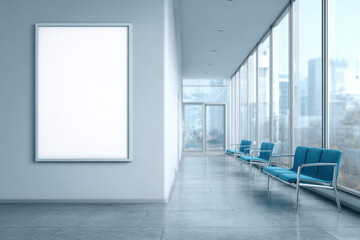 Modern office hallway with large blank poster and blue chairs by glass windows