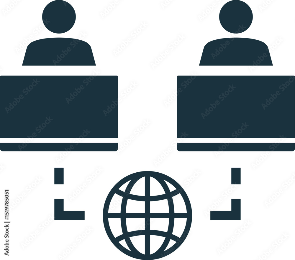 Poster office workers connecting through global network, illustrating remote collaboration and communicatio