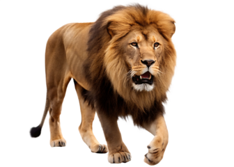majestic african lion running towards camera  isolated on white background PNG 