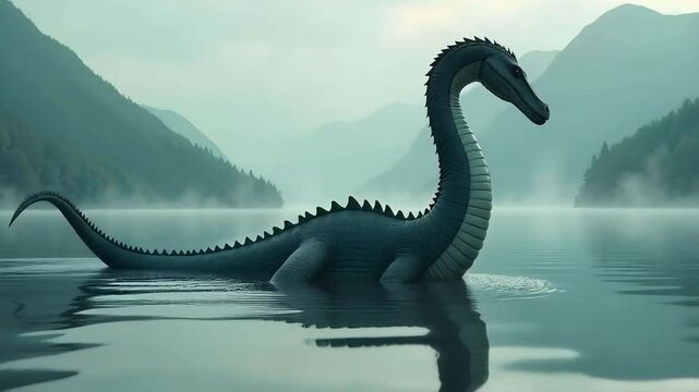 Loch ness monster in a lake , long neck, small head, water reflections, smooth skin, dinosaur , plesiosaur