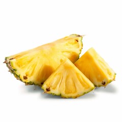 Three juicy pineapple slices arranged in a natural layout, showcasing their bright yellow color and fibrous texture.
