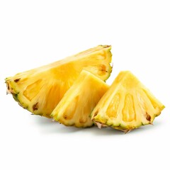 Three juicy pineapple slices arranged in a natural layout, showcasing their bright yellow color and fibrous texture.