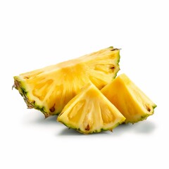 Three juicy pineapple slices arranged in a natural layout, showcasing their bright yellow color and fibrous texture.