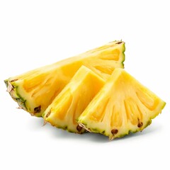 Three juicy pineapple slices arranged in a natural layout, showcasing their bright yellow color and fibrous texture.