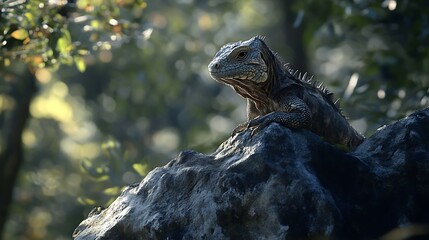 Iguana Resting on Rock Outcrop in Lush Green Environment