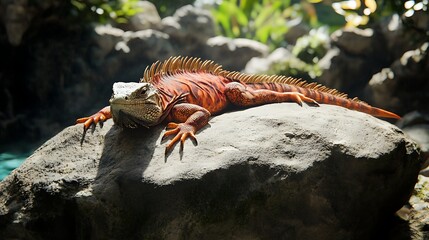 Orange Iguana Resting on Rock in Tropical Environment Wildlife Reptile