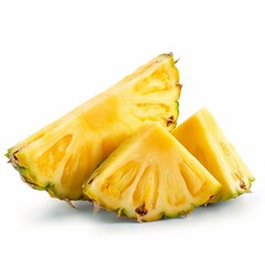Three juicy pineapple slices arranged in a natural layout, showcasing their bright yellow color and fibrous texture.