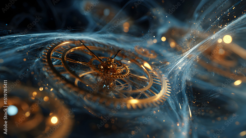Poster intricate clockwork mechanism swirling within ethereal nebulae a visual representation of time itsel