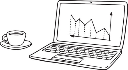 Hand-drawn vector illustration of a laptop displaying a business graph, with a coffee cup beside it. Ideal for themes of data analysis, remote work, finance, or morning productivity.