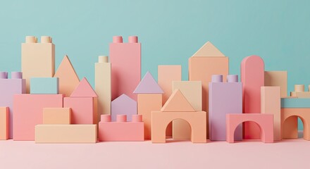 3D illustration of pastel building blocks arranged as a cityscape on blue background, creative kids construction concept