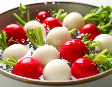 Fresh red and white radishes with green leafy tops soaking in a ceramic bowl of water 
