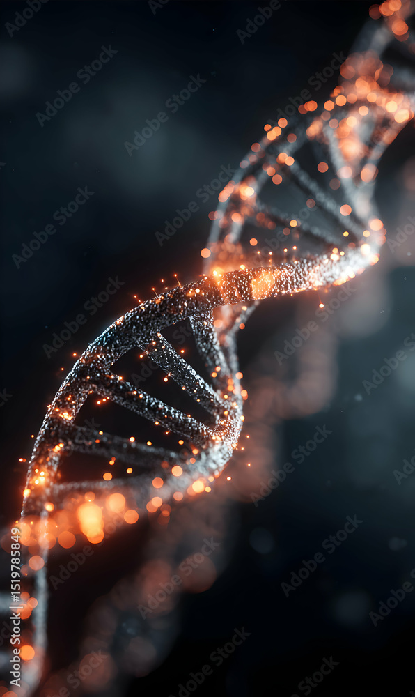 Poster enthralling depiction of the double helix structure of dna illuminated with a warm orange glow scien