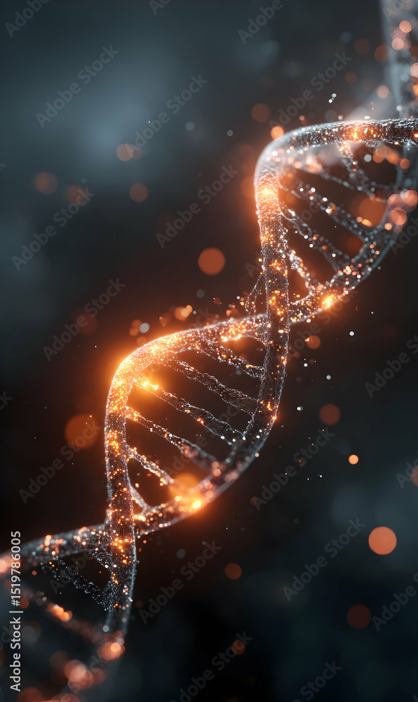 Poster illuminated double helix structure representing dna molecule with glowing particles amidst a dark ba