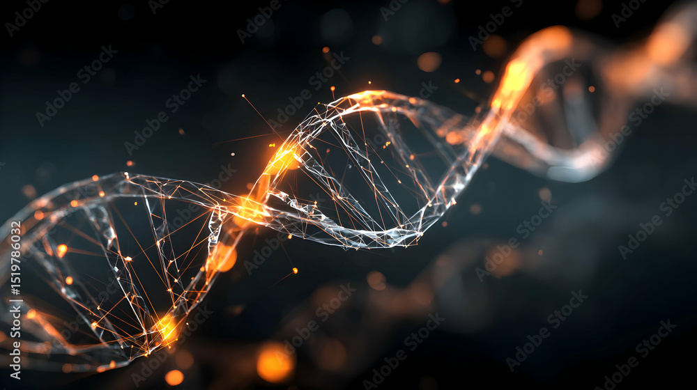Poster abstract dna double helix structure with glowing connections creating a digital network design
