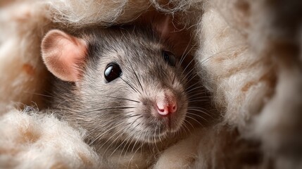 Close-up view of a rat nestled in home insulation showcasing its features and surroundings