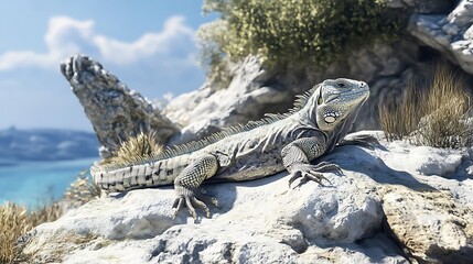 Iguana Basking on Sunlit Rocks Near the Ocean Coastline Habitat