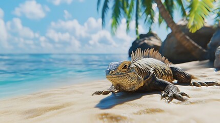 Iguana Resting on Sandy Beach Near the Blue Ocean Water