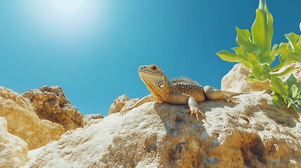 Iguana Resting on Coastal Rocks Enjoying the Bright Sunny Day