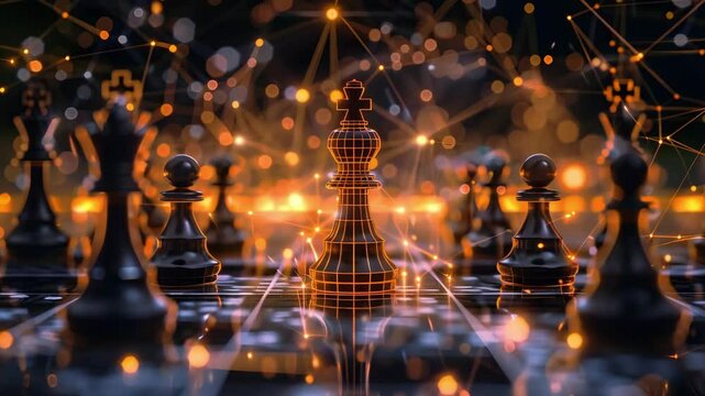 Chess king and pawn glowing with digital grid in futuristic game strategy, intelligence, and technology innovation concept