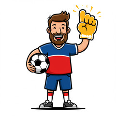 Obraz premium Joyful soccer fan holding foam hand and ball, male cartoon character, vector illustration on white background