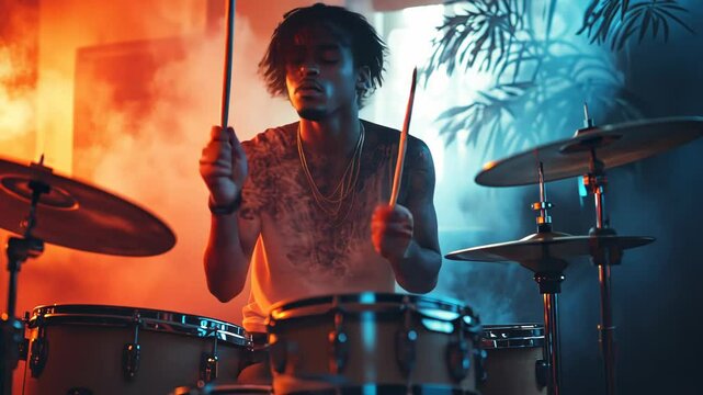 Focused drummer in a vibrant performance setting