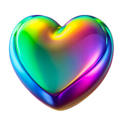 3D heart shaped object, glossy iridescent surface, reflects pink, blue, purple hues, smooth futuristic vibrant appearance with gradient glass texture, isolated on transparent background, cutout, png.