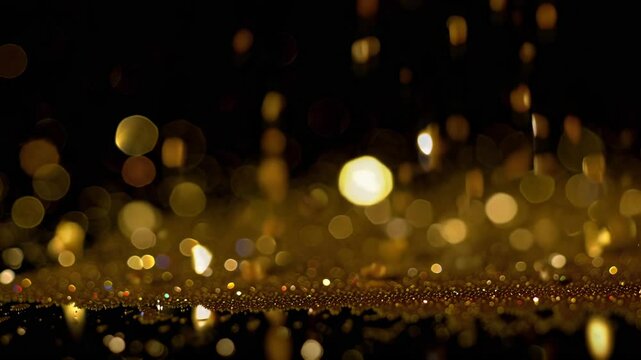 Animaci&oacute;n cinematogr&aacute;fica en c&aacute;mara lenta con part&iacute;culas de oro cayendo y destellos brillantes